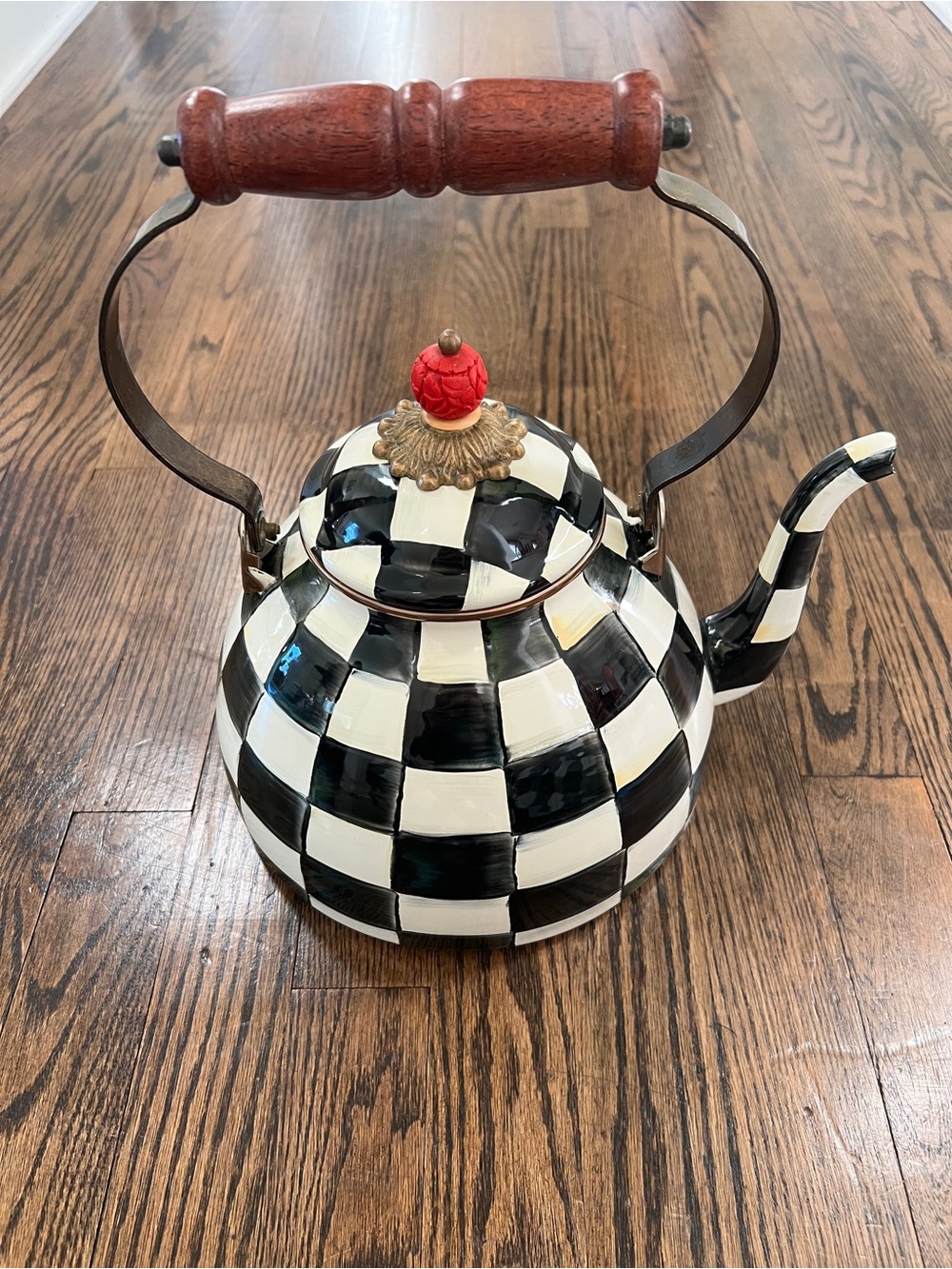 MacKenzie-Childs Black and White Courtly Check Teapot with Red Finial